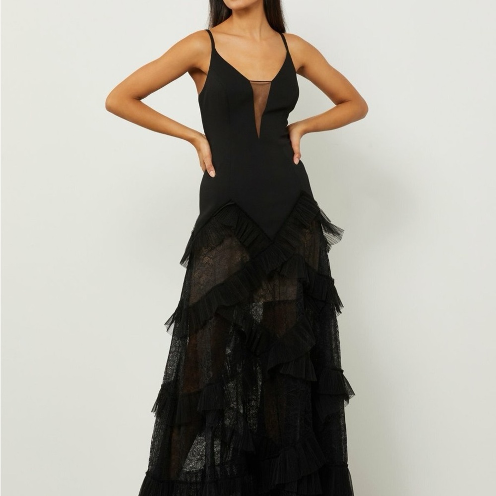 BCBG MaxAzria Black Pleated Ruffle Evening Gown